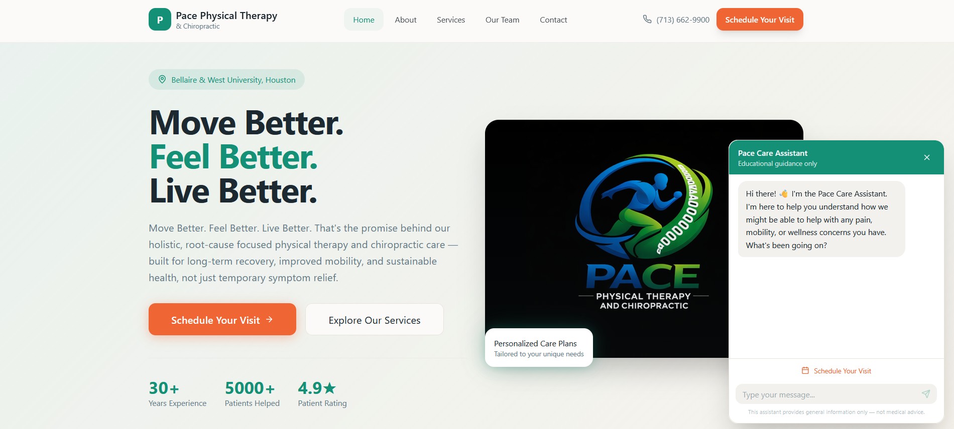 PACE Care Assistant open on the English homepage