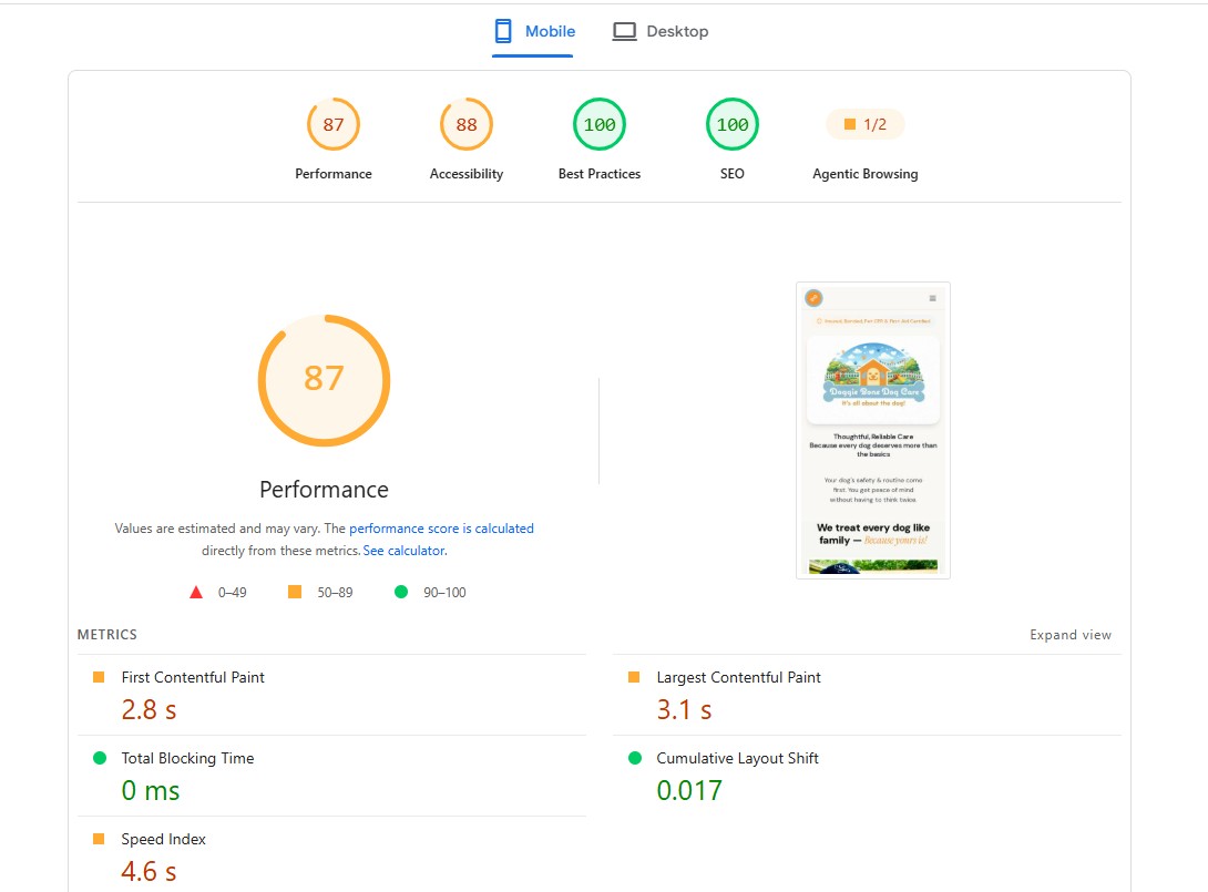 Mobile PageSpeed Insights result showing a performance score of 87 for doggiebonedogcare.com