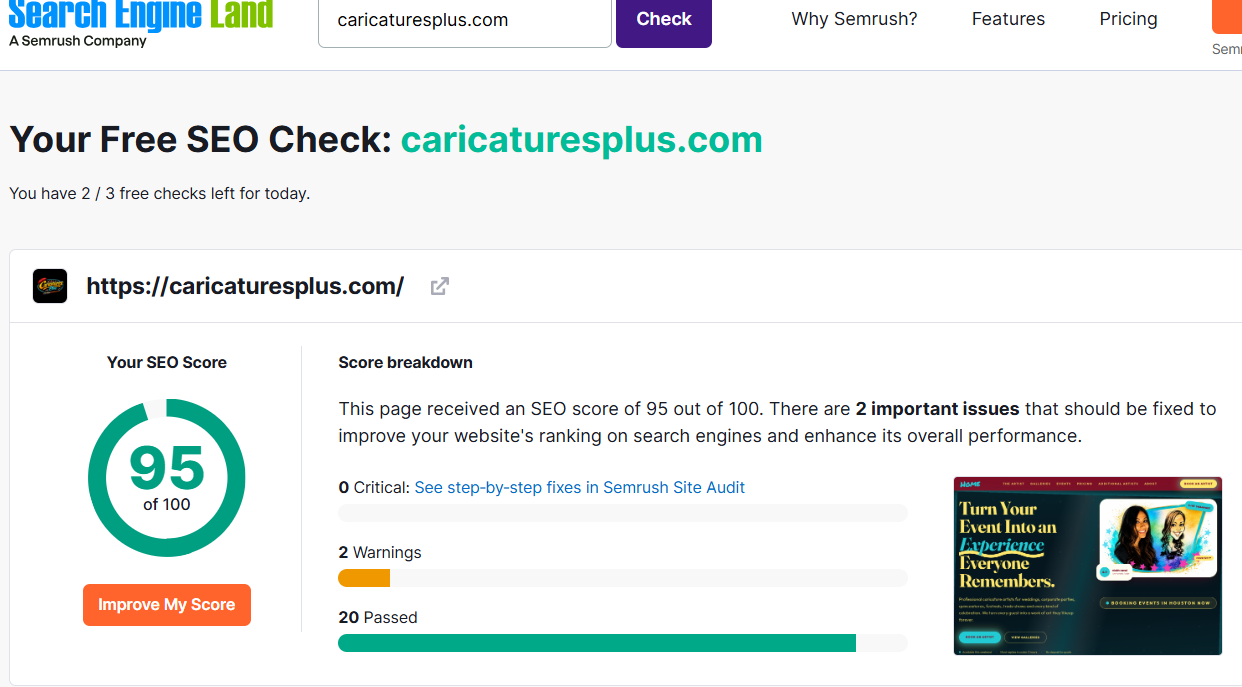 SEO Check report showing a score of 95 out of 100 for CaricaturesPlus.com