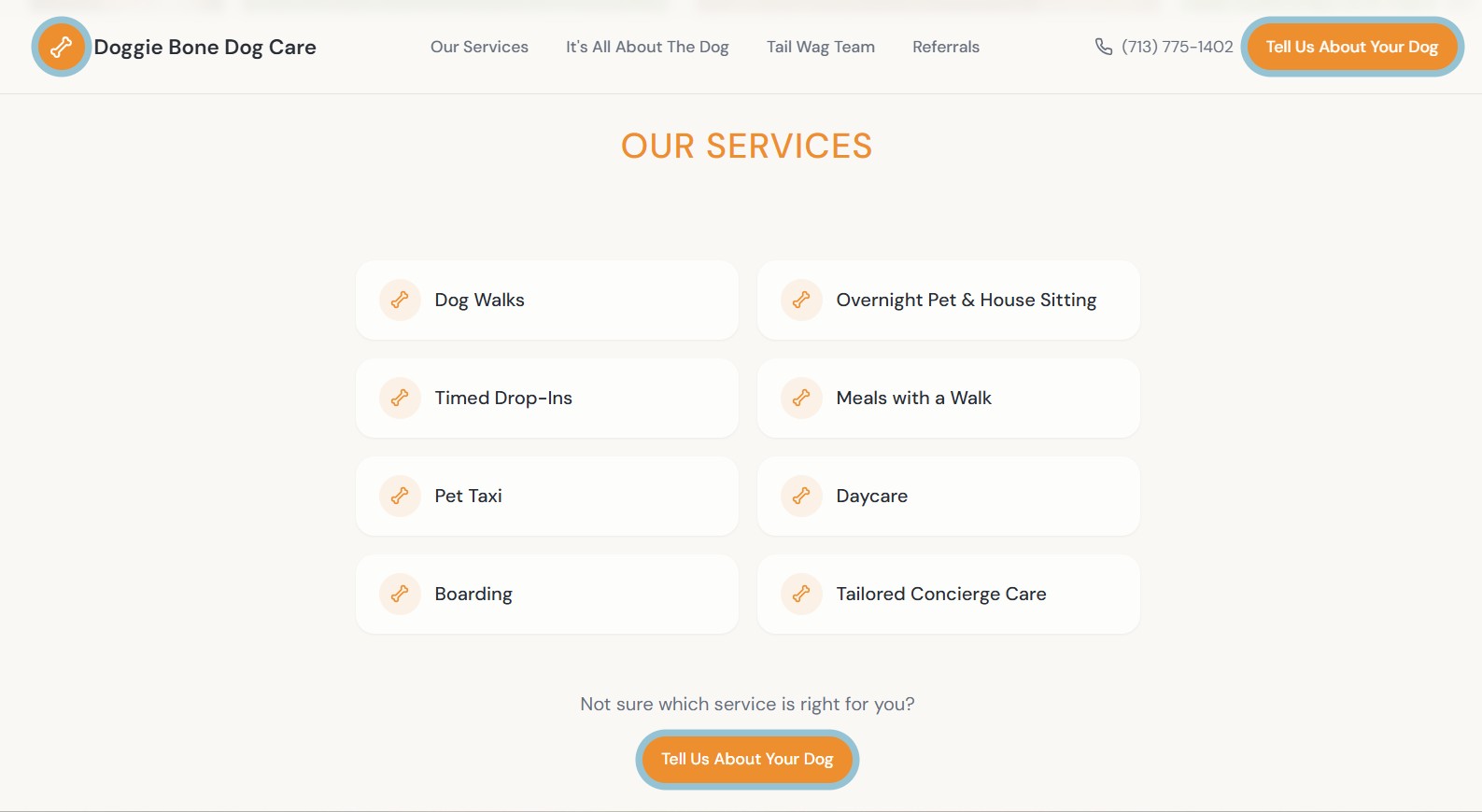 Services section of the Doggie Bone Dog Care website listing dog walks, sitting, drop-ins, pet taxi, daycare, boarding and concierge care