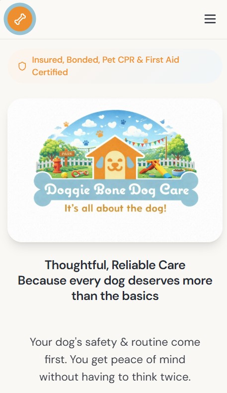 Mobile view of the Doggie Bone Dog Care homepage
