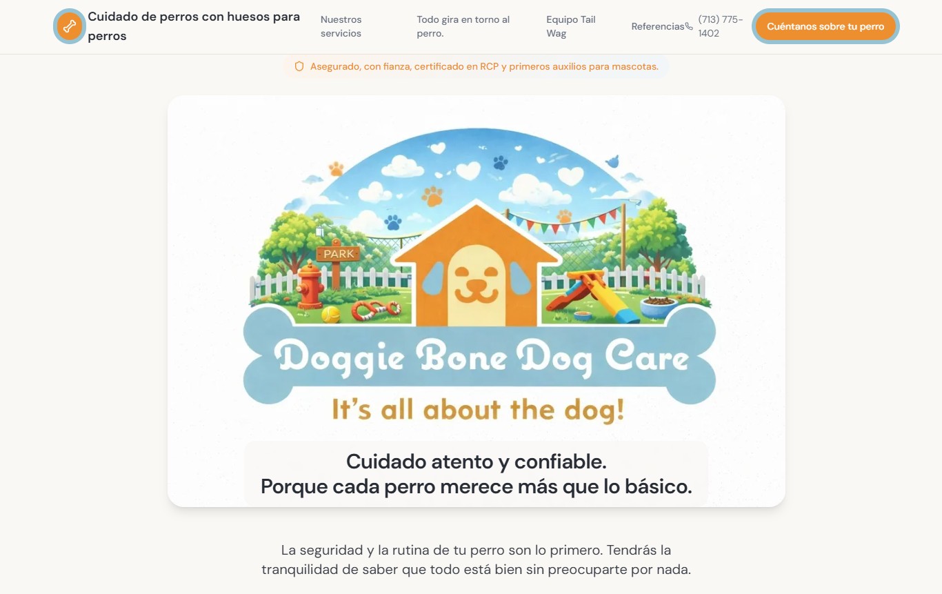 Spanish-language homepage of the Doggie Bone Dog Care website