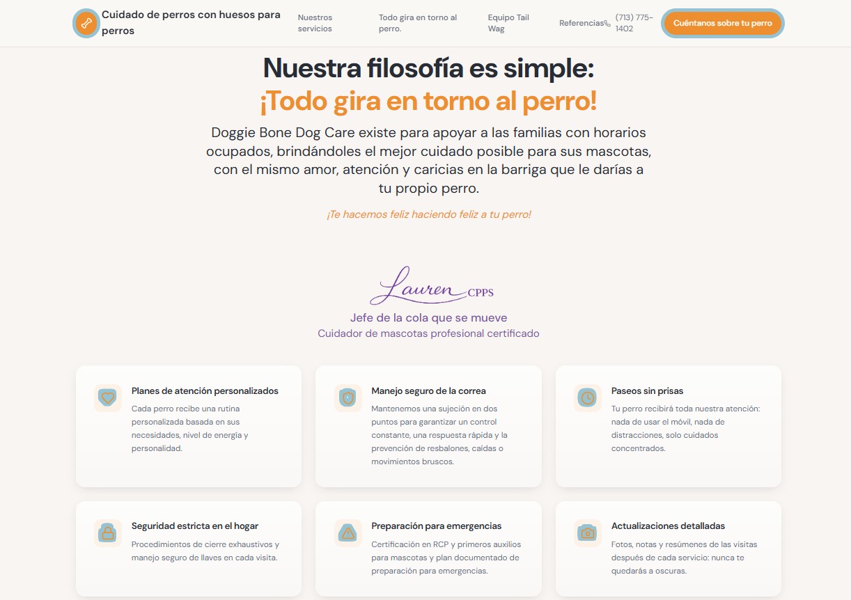 Spanish care philosophy section of the Doggie Bone Dog Care website