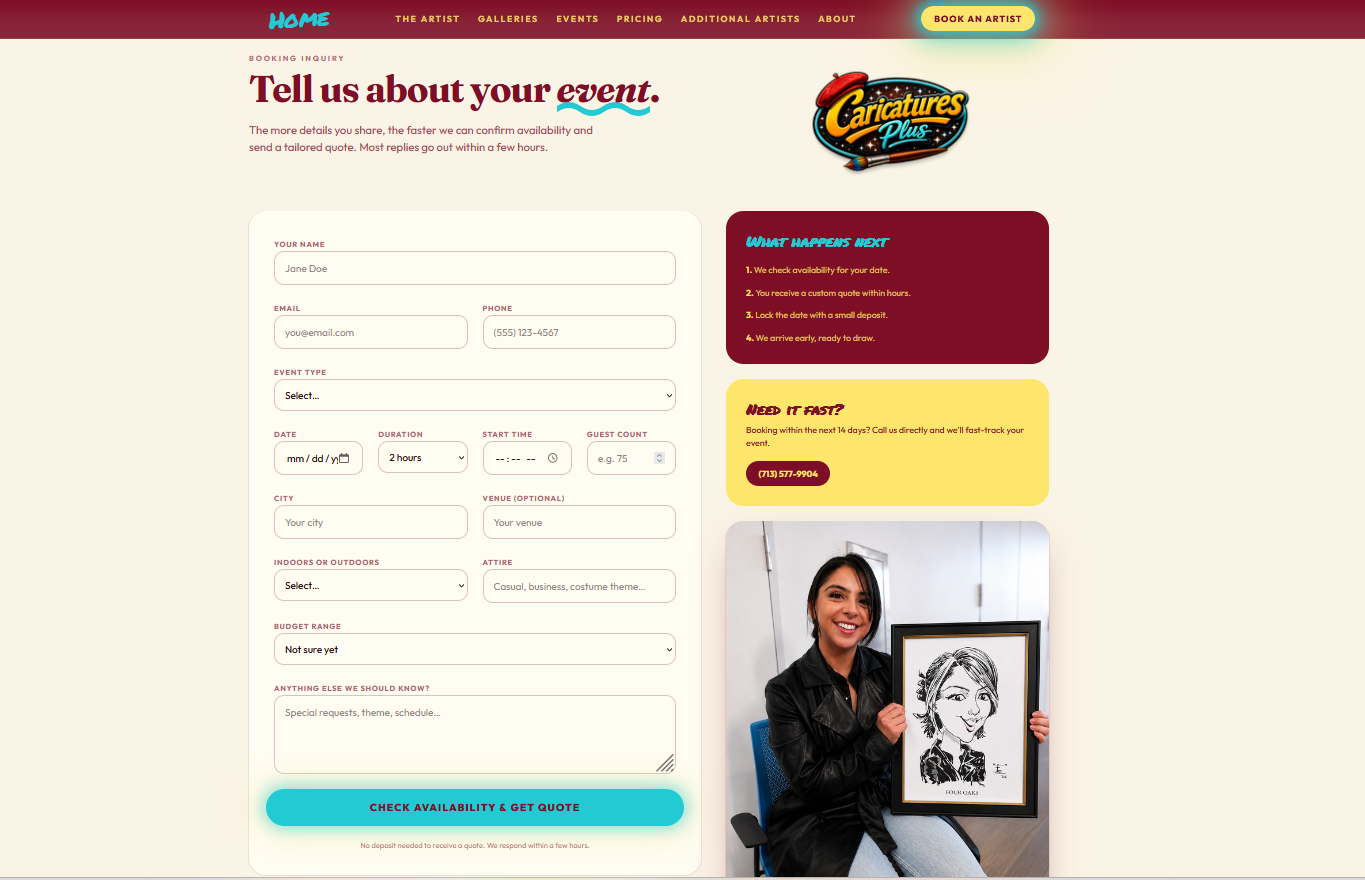 Redesigned Caricatures Plus booking and quote request form