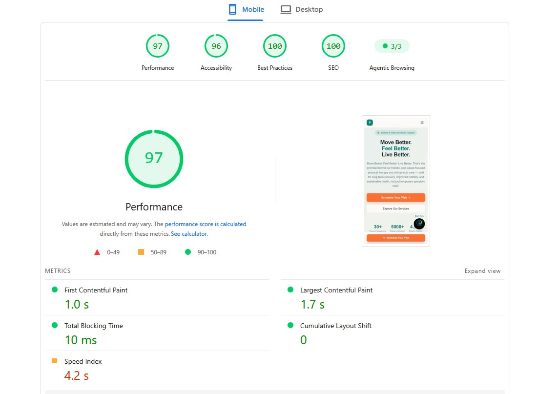 Mobile PageSpeed Insights result showing a performance score of 97
