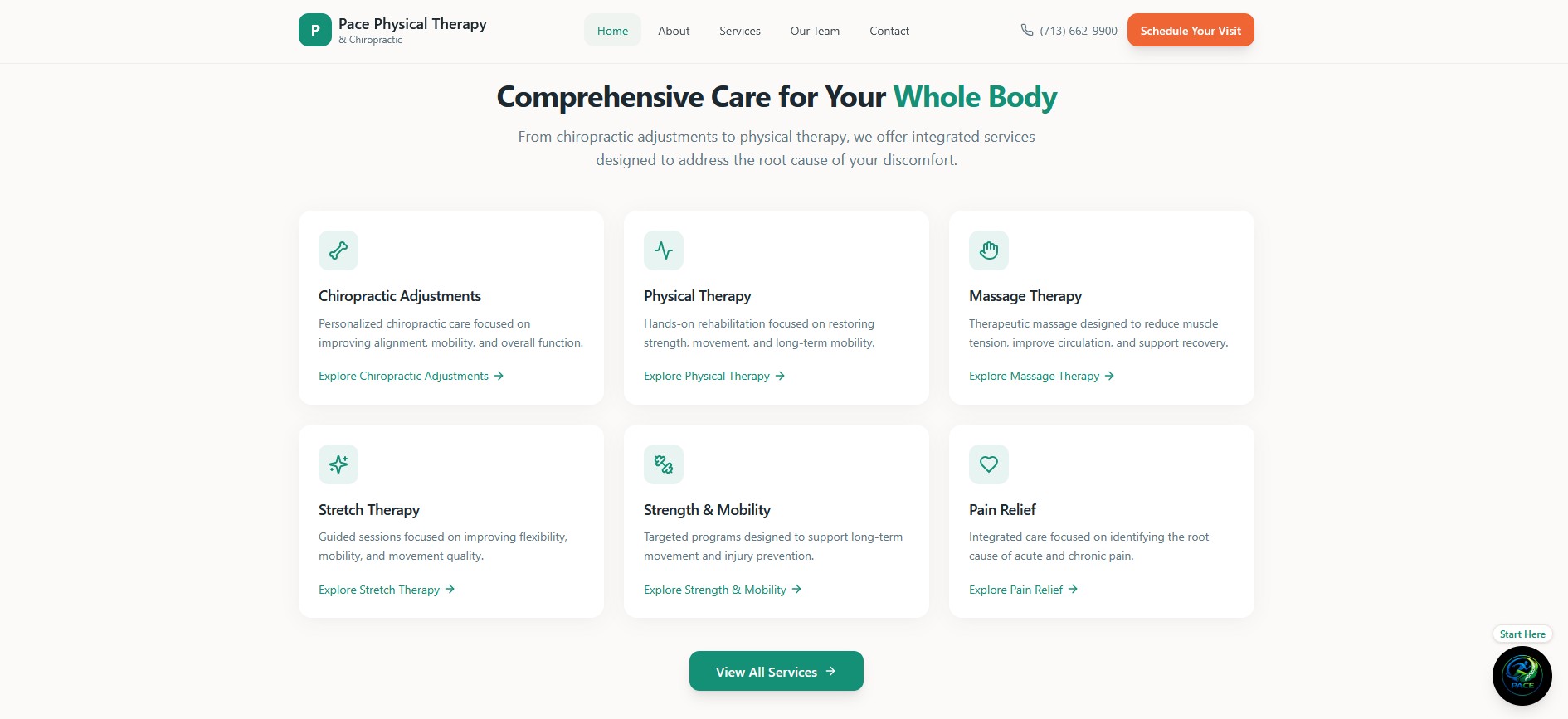 Services section of the PACE Physical Therapy and Chiropractic website