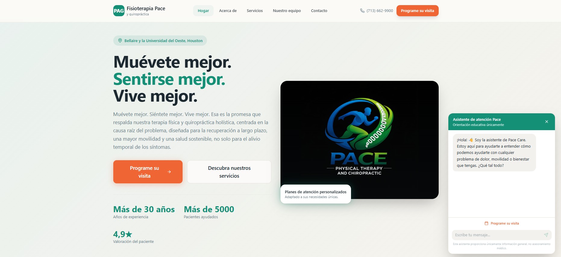 PACE Care Assistant open on the Spanish homepage