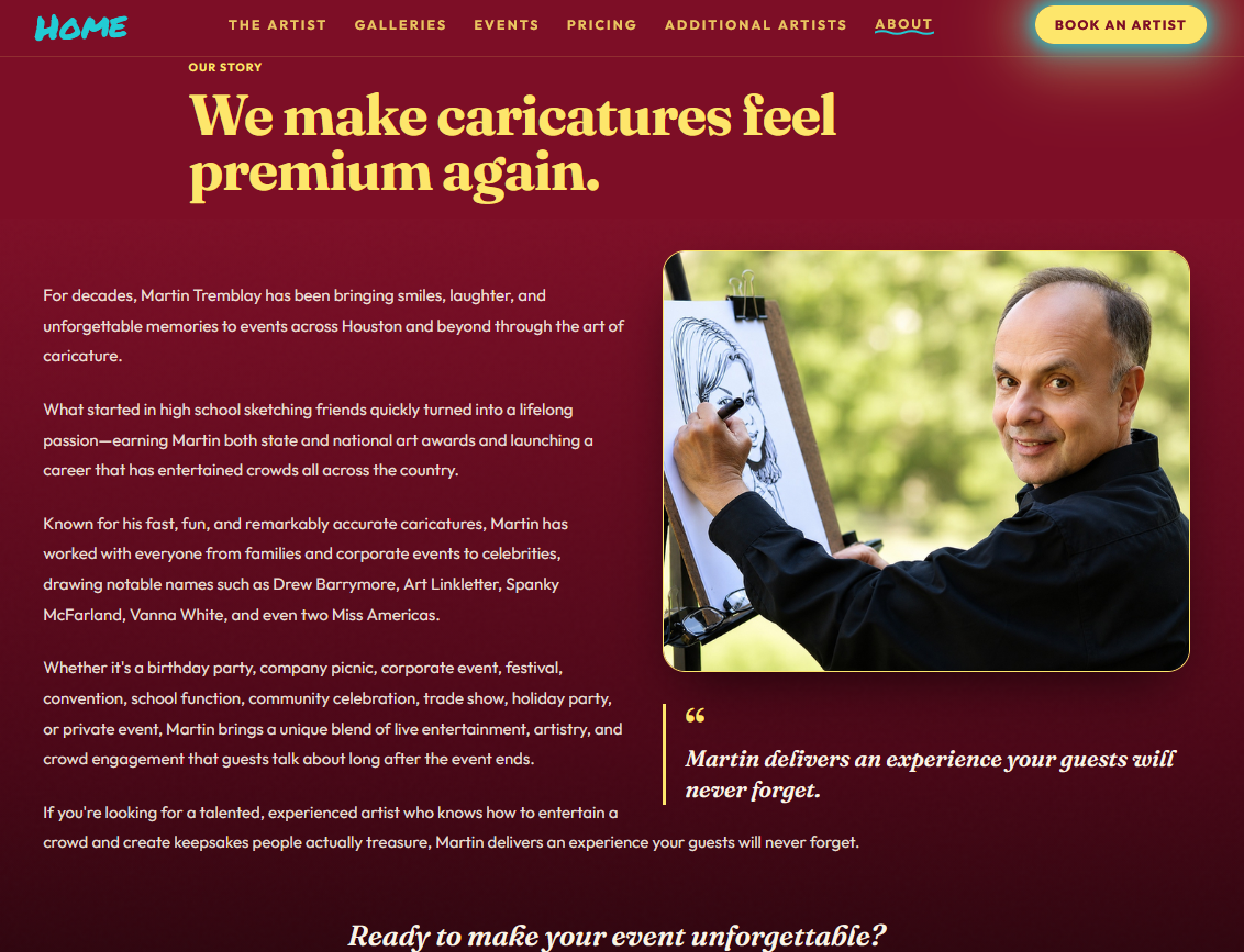 Dedicated About page on the redesigned Caricatures Plus site