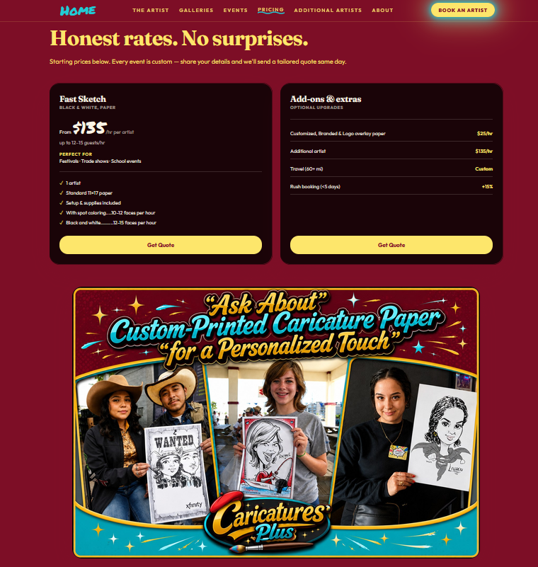 Pricing and add-on section on the redesigned Caricatures Plus site