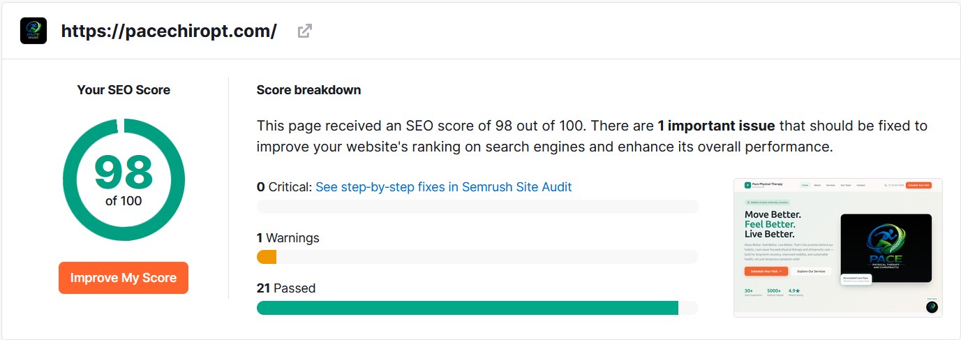 SEO audit report showing a score of 98 out of 100 for pacechiropt.com