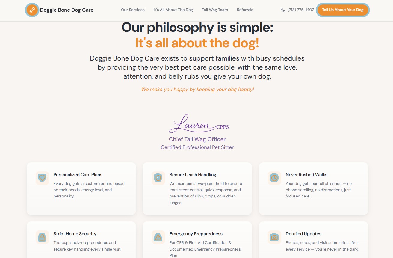 English care philosophy section of the Doggie Bone Dog Care website