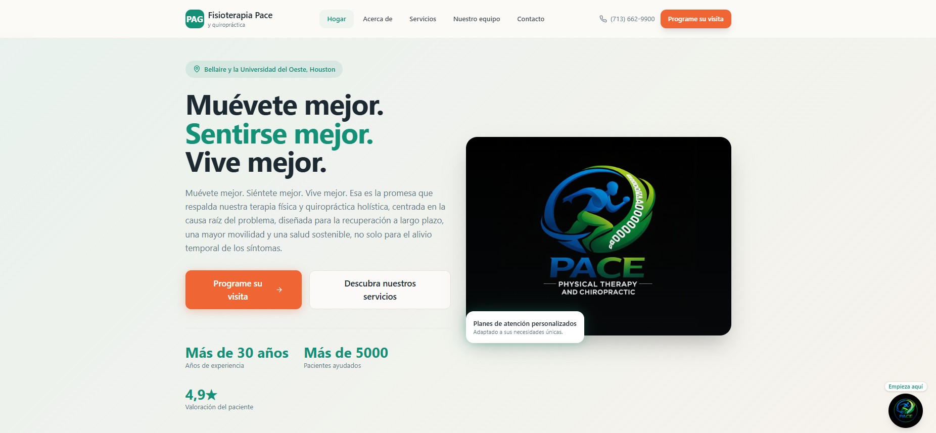 Spanish-language homepage of the PACE Physical Therapy and Chiropractic website