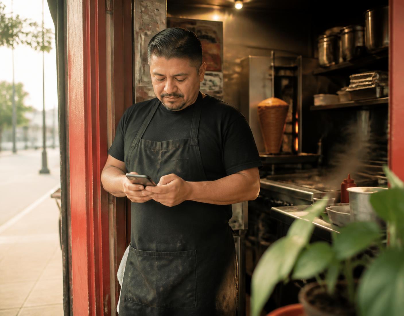 Houston restaurant owner reading a customer message on her phone in the kitchen