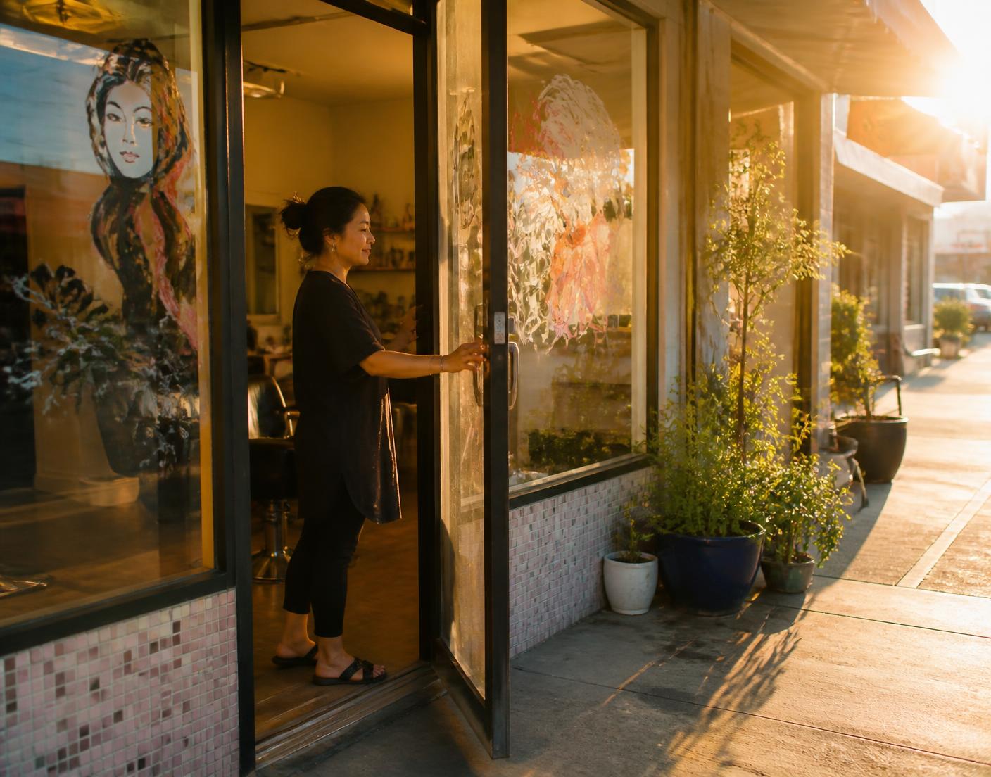 Houston shop owner unlocking her storefront in early morning light